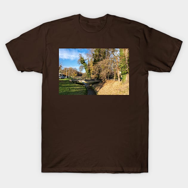 Wooden bridge over a pond surrounded by trees T-Shirt by KargacinArt